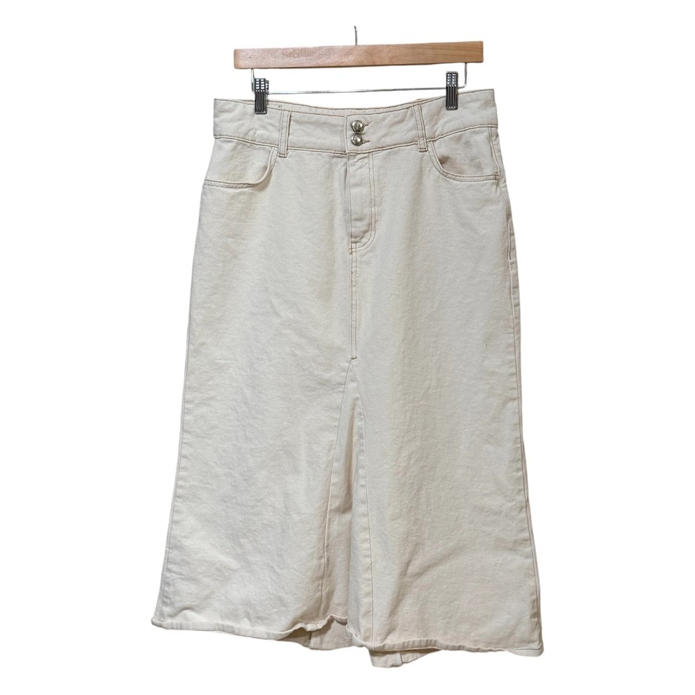 Zara Womens Cream Denim Midi Skirt Off White High Rise Cotton Size Large
